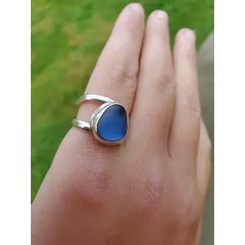 Fine Silver Sea Glass Ring Adjustable from size 4 to 11. Gorgeous blue color.
